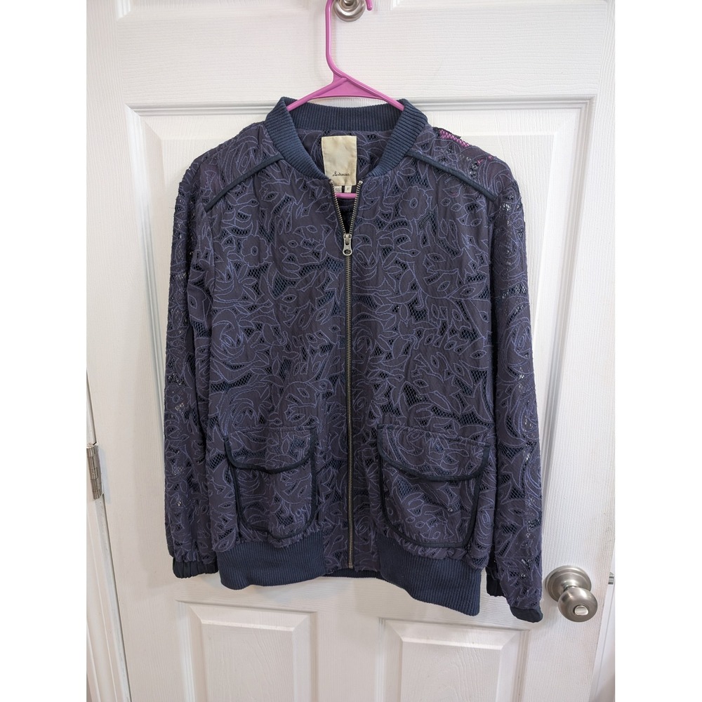 Elevenses Anthropologie Bomber‎ Jacket Blue Lace Floral Mesh Zip - Size XS